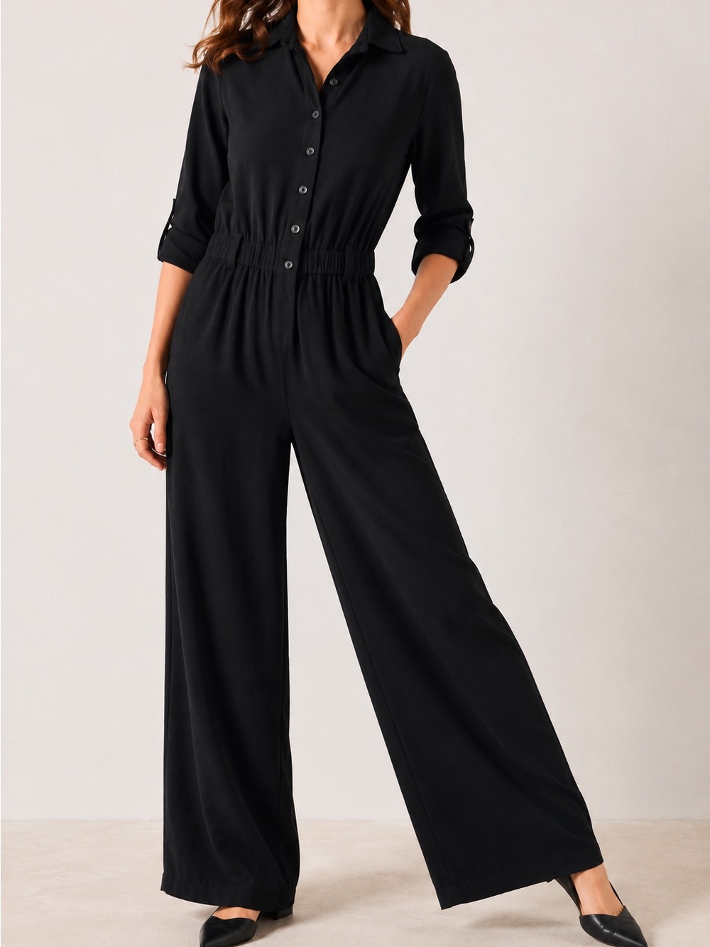 LOFT Black Button-Front Wide-Leg Jumpsuit
